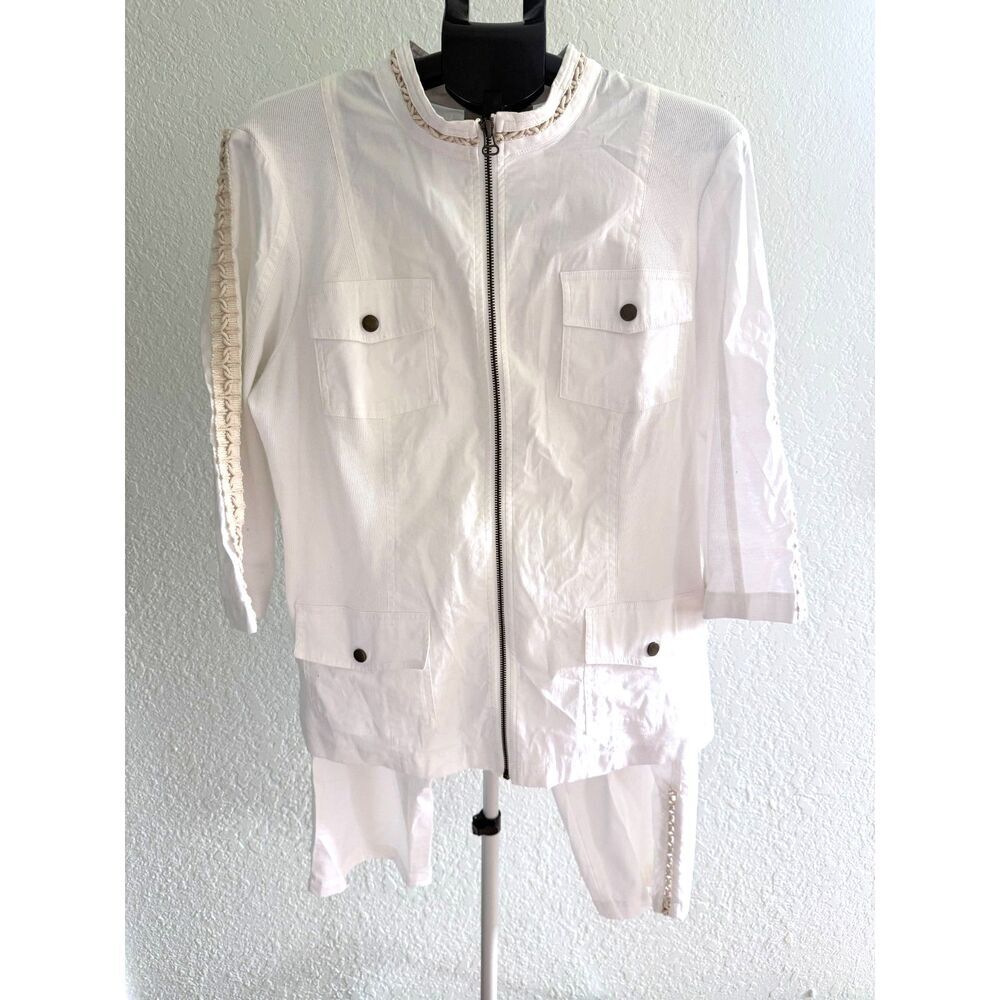 Chico's Zenergy Cotton White Beachy Zip Up Pant Suit with Macrame Details Size L